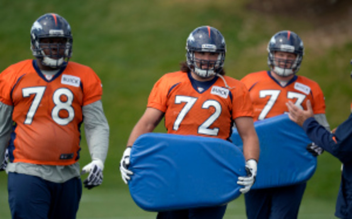 Broncos guard John Moffitt (center) said he's looking forward to producing podcasts and spending time with family now that he's announced his retirement. (John Leyba/Getty Images)