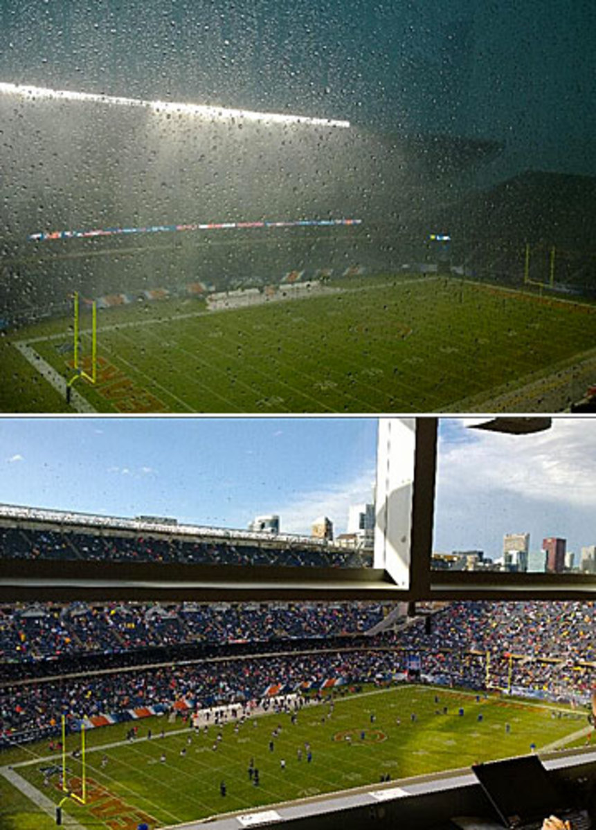 Peter King's view from the Soldier Field press box changed quite a bit before (top) and after a spate of tornadoes touched down in Illinois Sunday