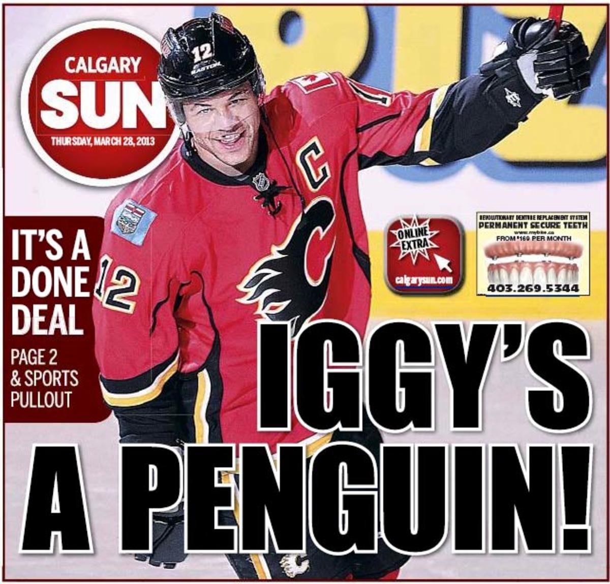 The Calgary Sun's front page headline about the Jarome Iginla trade.