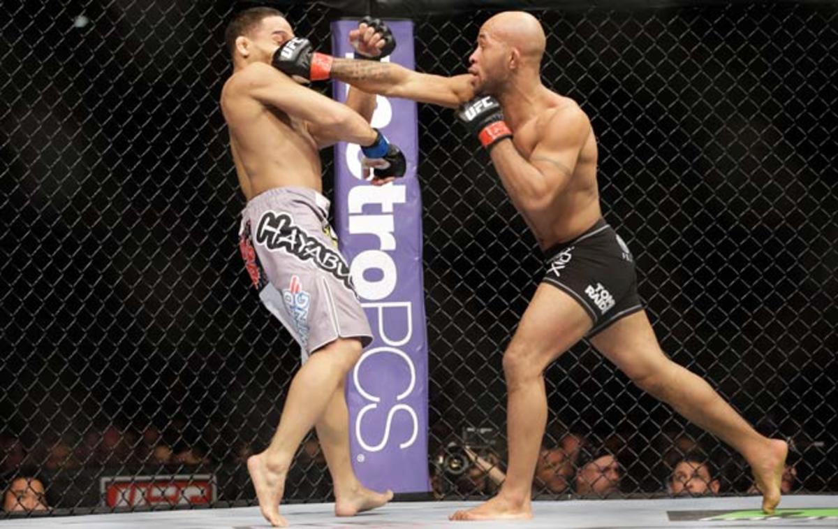 Demetrious Johnson (right) defeated John Dodson during their main event flyweight bout in January.