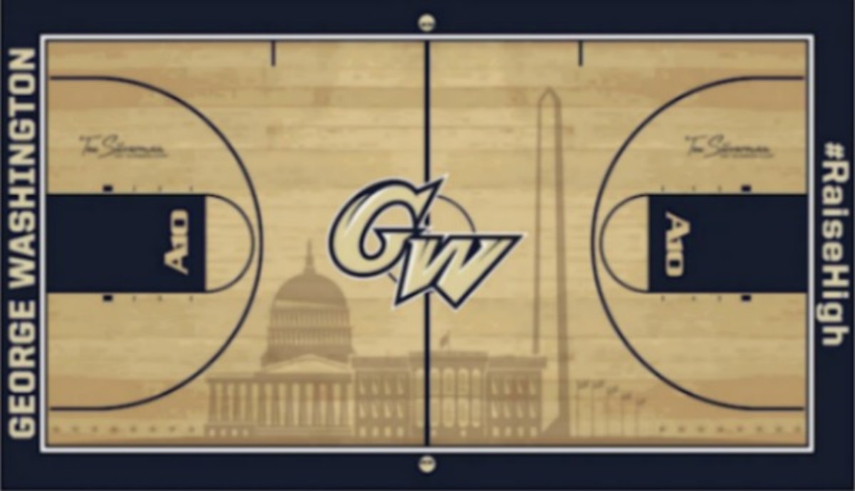 George Washington's basketball court gets a makeover. (Photo courtesy of GW athletics)