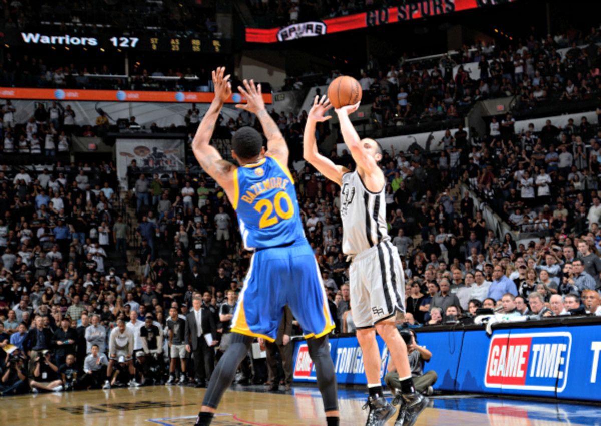 Manu Ginobili hit a go-ahead three-pointer to complete San Antonio's impressive Game 1 comeback. (D. Clarke Evans/NBAE via Getty Images)