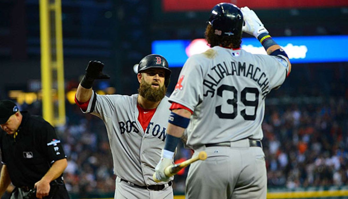 Boston's Mike Napoli (left) hit a seventh-inning home run to account for the only run of the game.