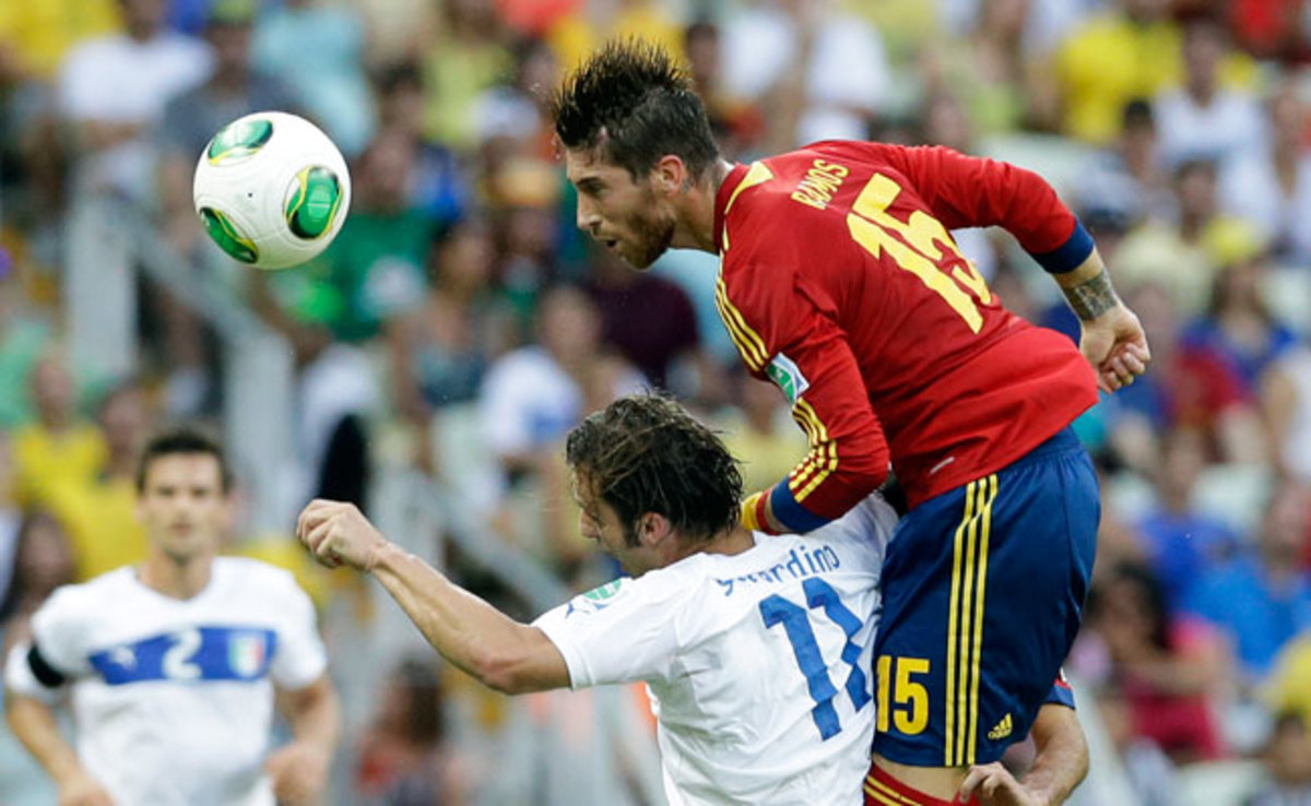 Sergio Ramos goes up for a header against Italy during Thursday's Confederations Cup semifinal match.