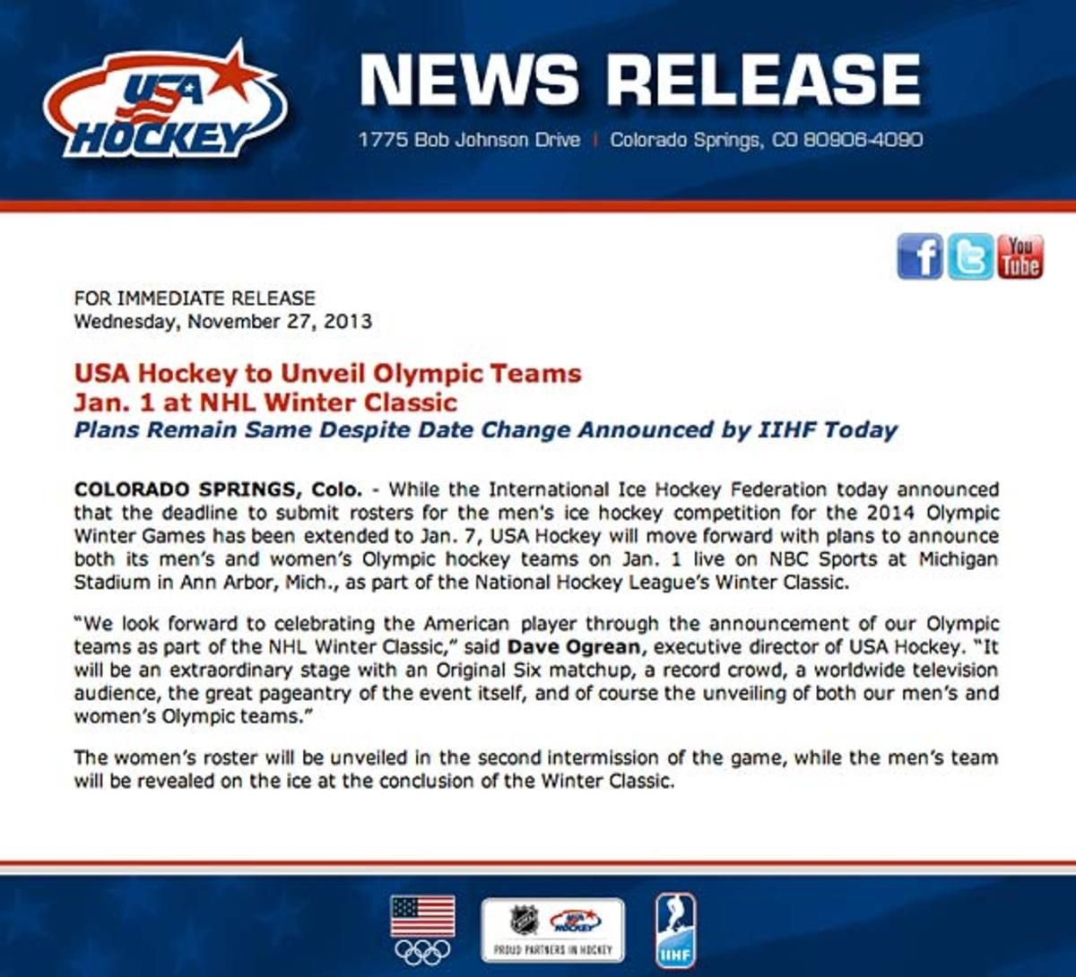 USA Hockey Sochi Olympic roster press release