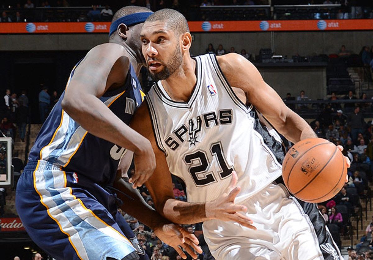 Tim Duncan posts up Zach Randolph
