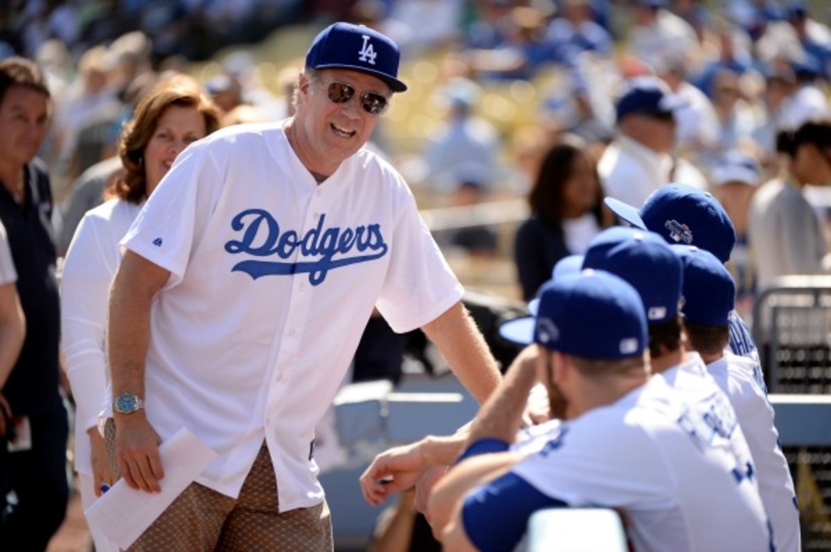 Will Ferrell introduced the Dodgers prior to Game 5 of the NLCS. (Harry How/Getty Images)