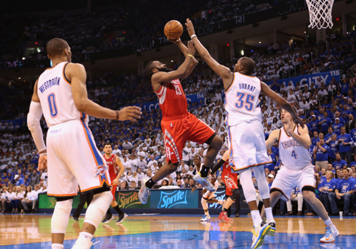 James Harden, center, believes he's a top 10 NBA player. (Christian Petersen/ Getty Images Sport)