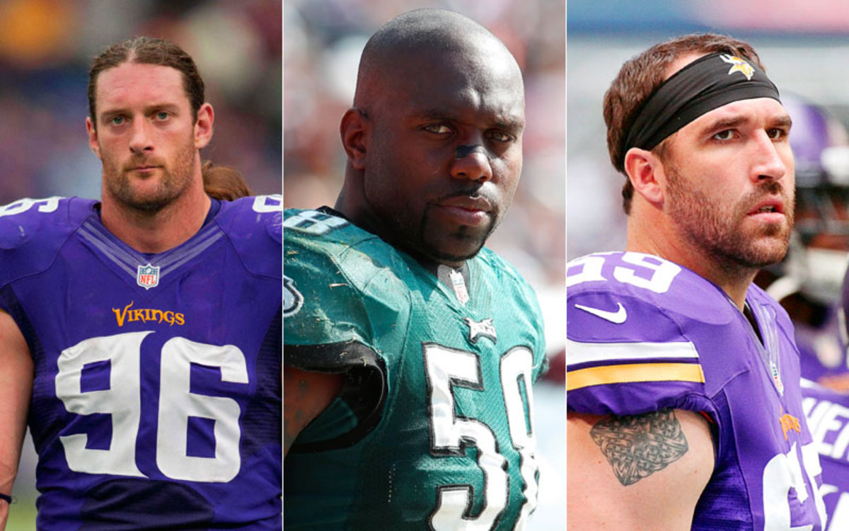 From l. to r., Brian Robison, Trent Cole and Jared Allen (Bruce Kluckhohn-USA TODAY Sports :: Kim Klement-USA TODAY Sports :: Ray Carlin/Icon SMI)