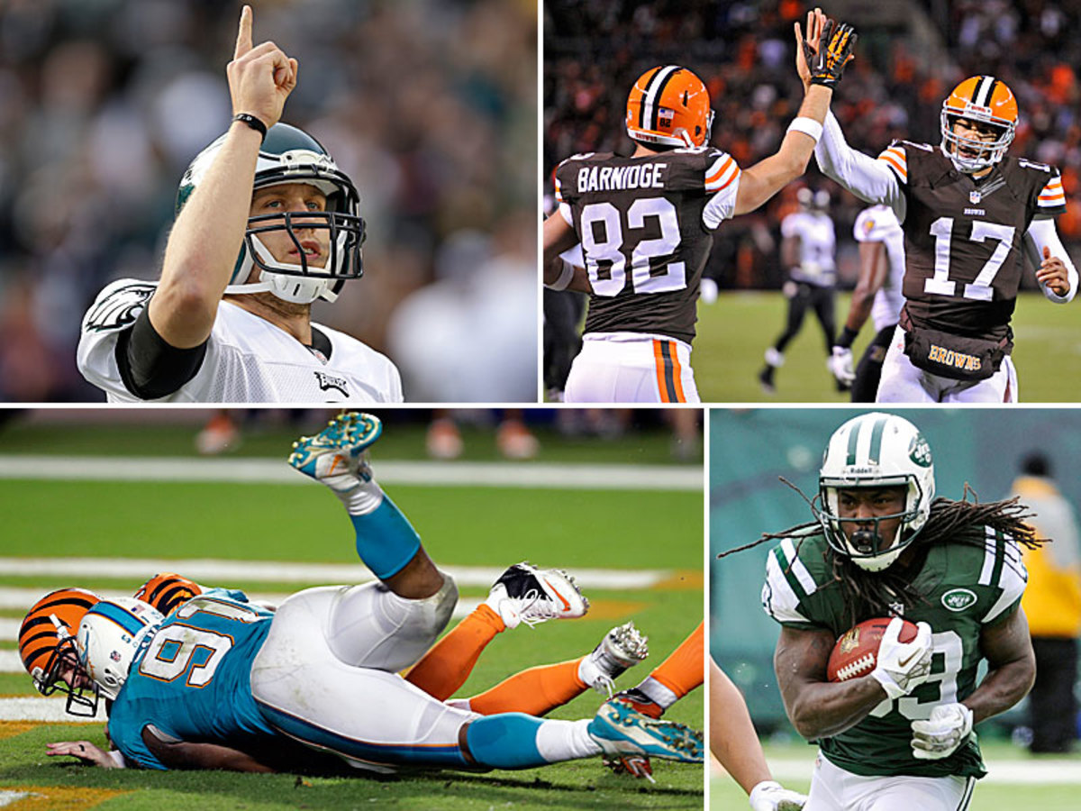 Replacing injured starters, Nick Foles (top left) and Jason Campbell (top right) led their teams to wins. Cameron Wake's overtime sack (bottom left) led to a walkoff safety Thursday night, while Chris Ivory's hard running sparked the Jets against his former team. (Ben Margot/AP :: David Richard/AP :: Wilfredo Lee/AP :: Bill Kostroun/AP)