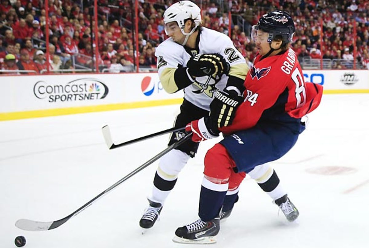 Mikhail Grabovski (84) and the Capitals fell meekly to Rob Carr (2) and the Penguins. (Rob Carr/Getty Images)