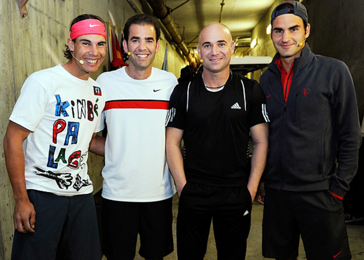 ATP greats (from left) Rafael Nadal, Pete Sampras, Andre Agassi and Roger Federer played an exhibition at Indian Wells in 2010. (Kevork Djansezian/Getty Images)