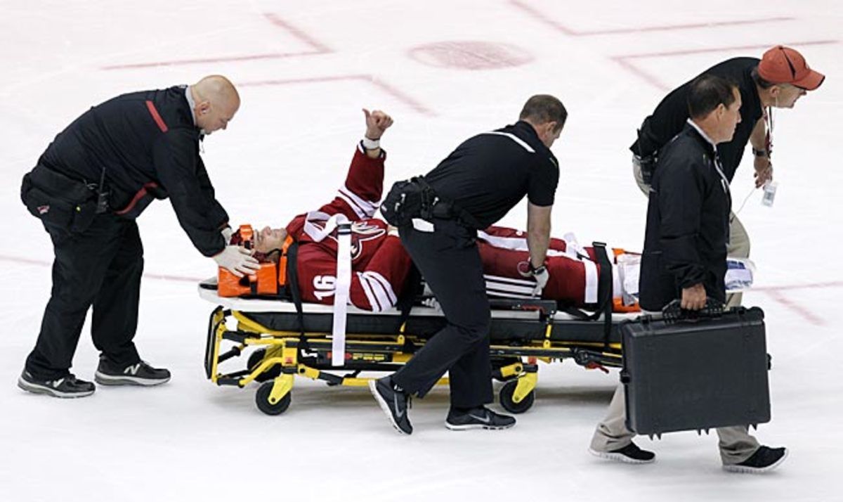 Coyotes defenseman Rusty Klesla gave the thumbs up as he was wheeled off the ice Sunday night.