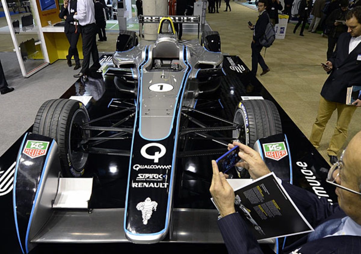 A Forumla E race car on display at the Electric Vehicles Symposium and Exhibition in Barcelona.