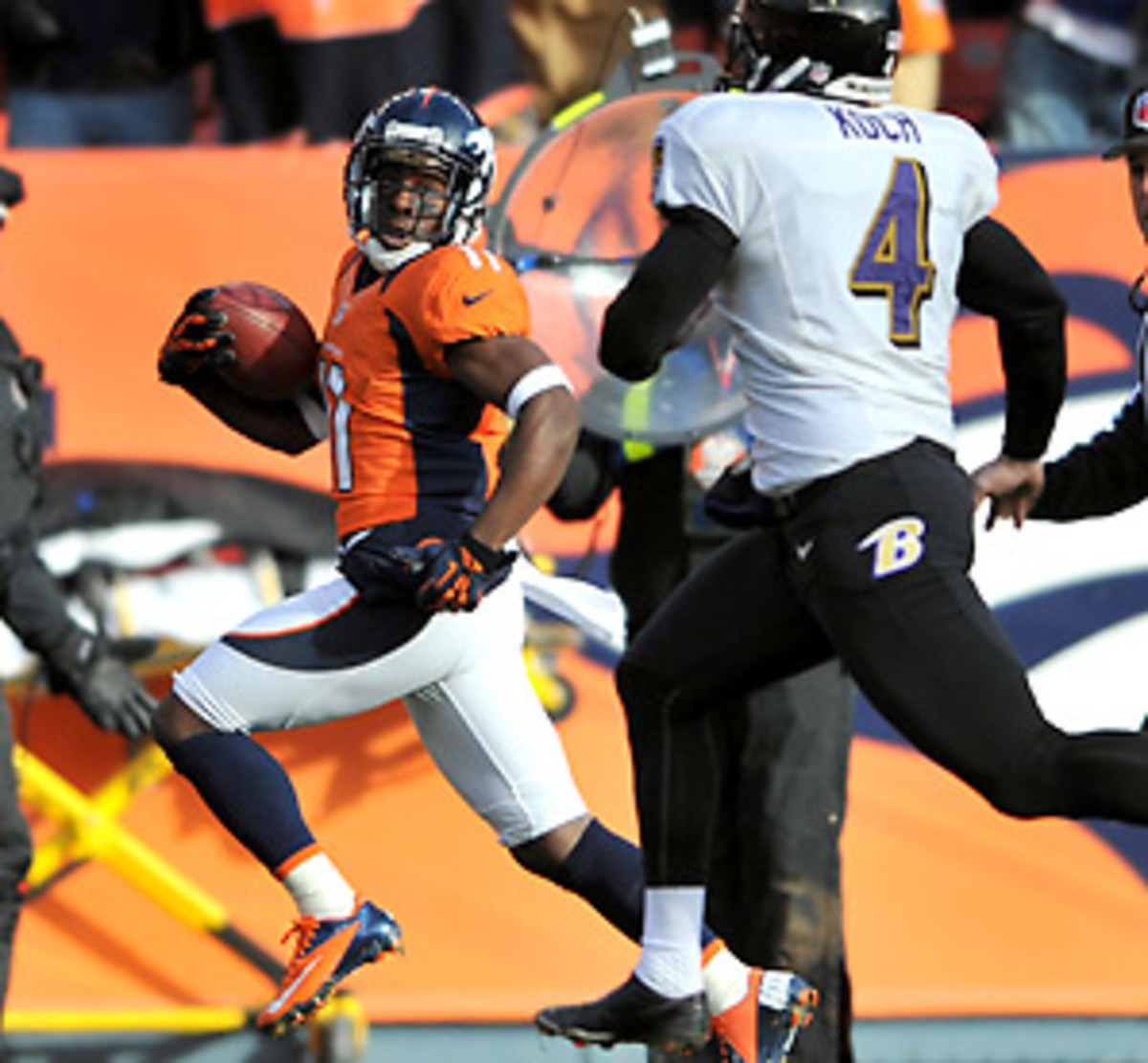 Trindon Holliday scored the Broncos' first points in each half against the Ravens. (Dustin Bradford/Getty Images)
