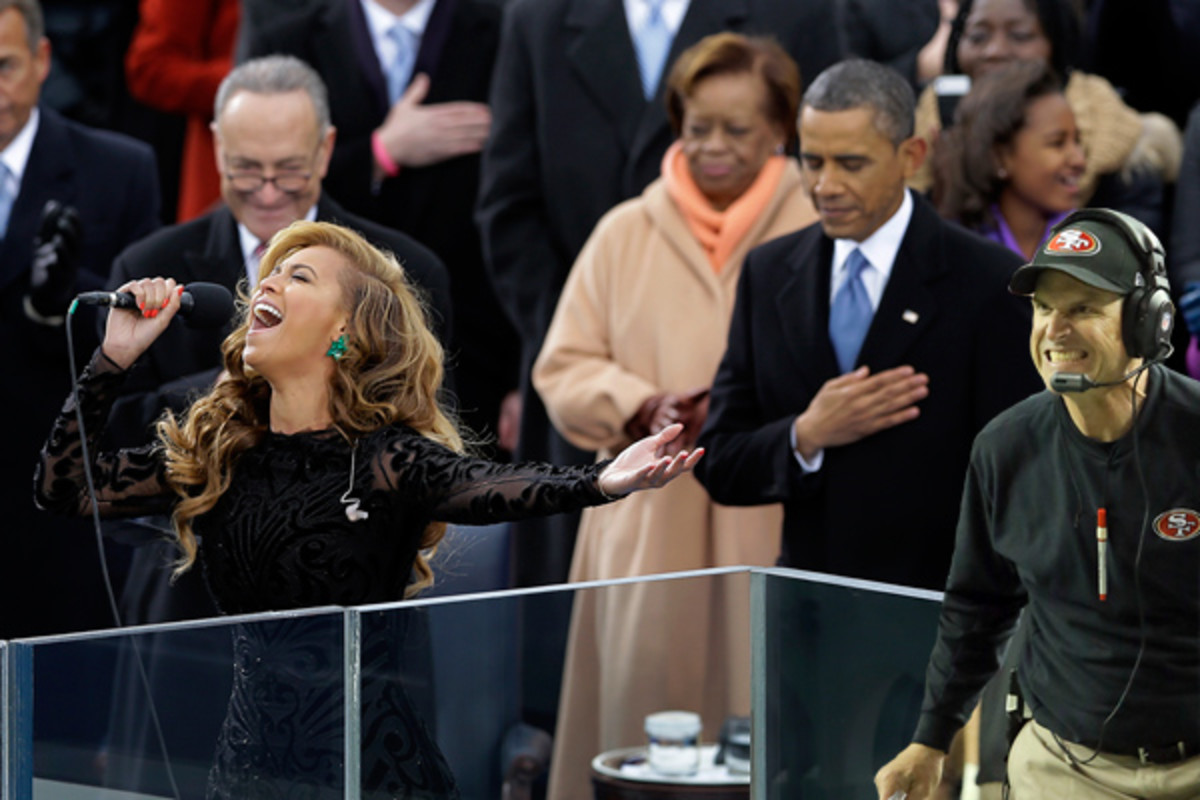Beyonce, Barack Obama and Jim Harbaugh at inauguration 2013