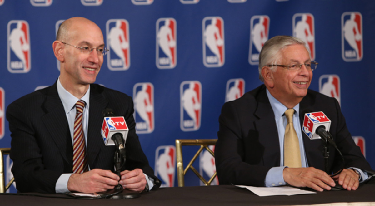 David Stern, right, and Adam Silver discuss the uncertain future of the Kings. (Nathaniel S. Butler/Getty Images)