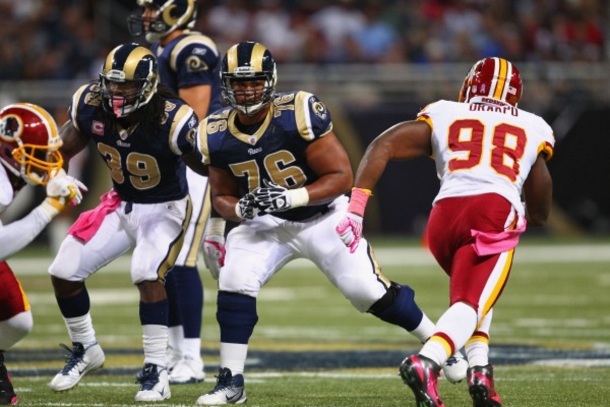 Rodger Saffold (No. 76) is making the move from left to right tackle this season. (Dilip Vishwanat/Getty Images)