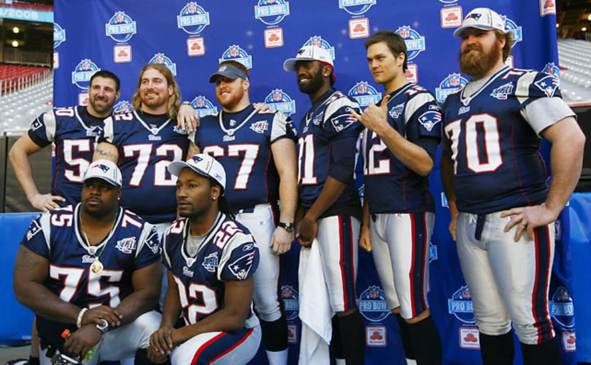 Mike Vrabel, Matt Light, Dan Koppen, Randy Moss, Tom Brady, Logan Mankins, Vince Wilfork and Asante Samuel