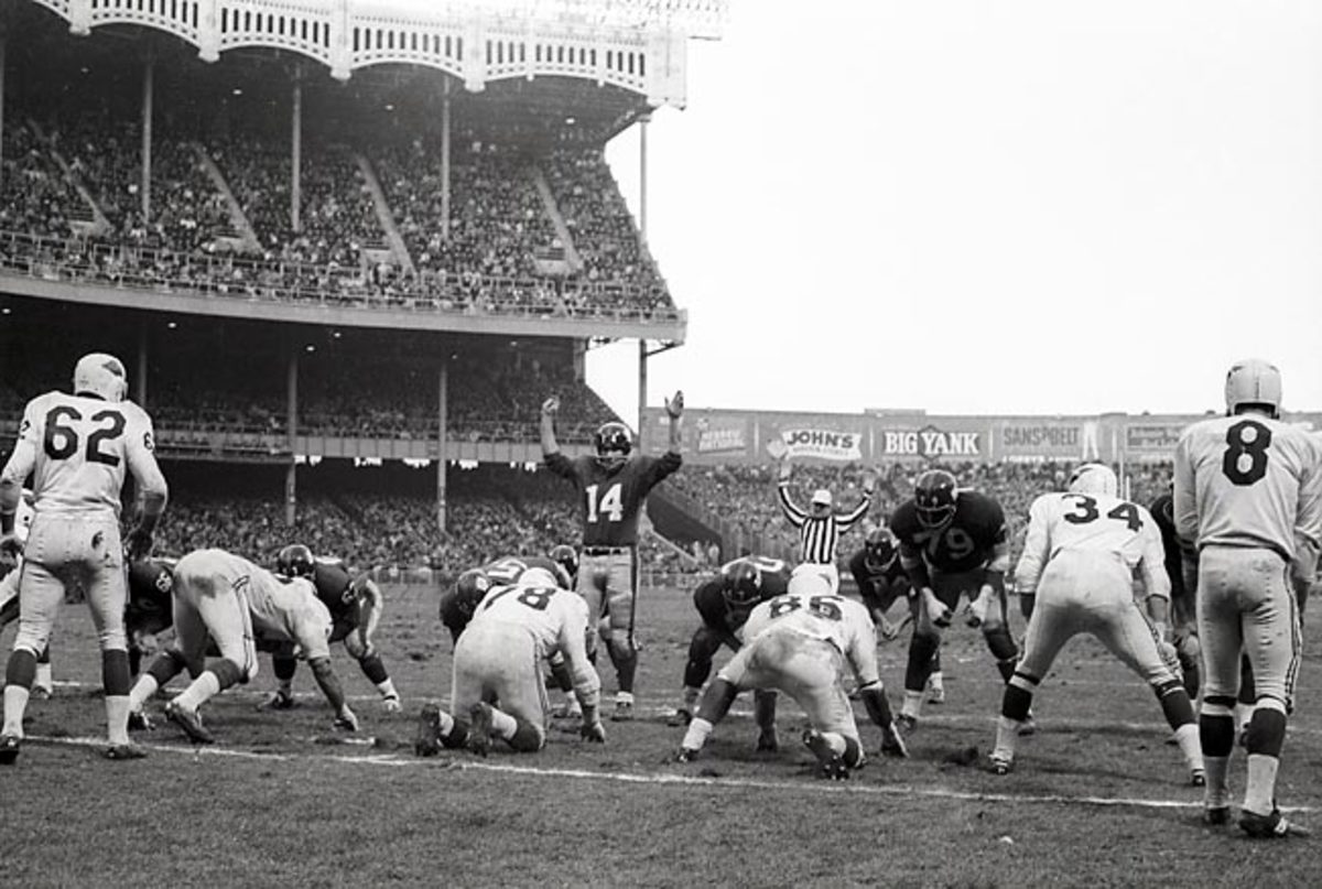 Nearly 63,000 fans attended the Nov. 24, 1963, game between the New York Giants and St. Louis Cardinals at Yankee Stadium.