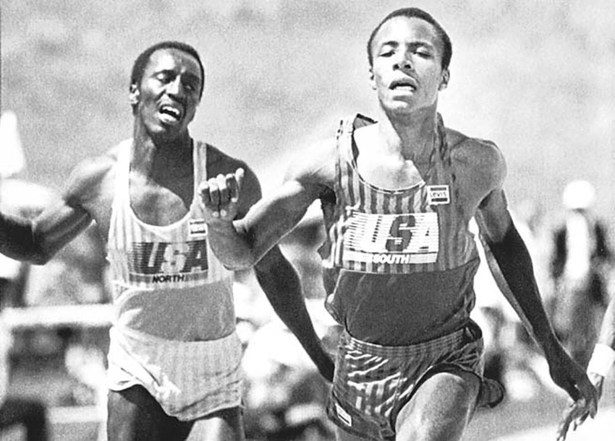 Calvin Smith (right) sets a new world record in the 100 meters with a time of 9.93 seconds in 1983.