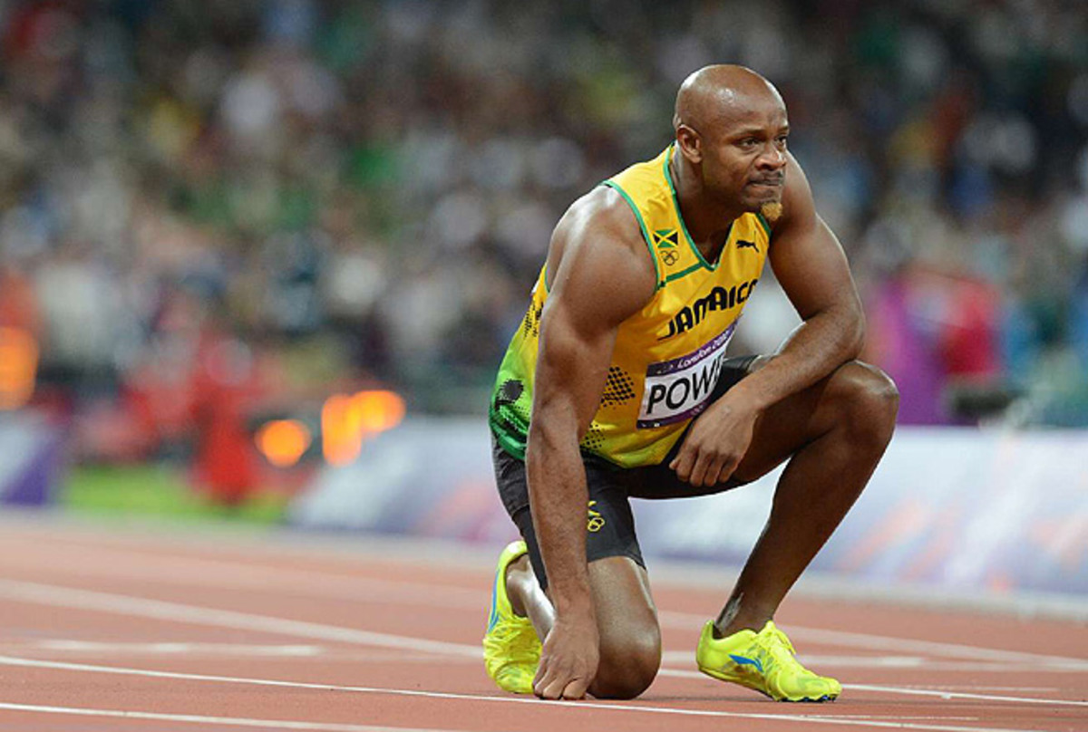 Asafa Powell pulled up in the final of the 100 meters at the London Olympics with a groin injury.