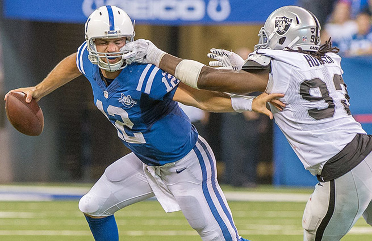 Andrew Luck was sacked four times in the Colts' season-opening win over the Raiders.