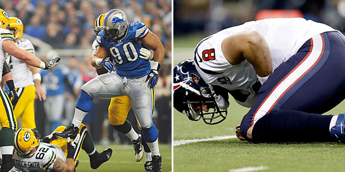 Ndamukong Suh has a long list of controversial NFL moments, but none more so than alleged groin kicks he laid on the Packers' Evan Dietrich-Smith (left) and Texans' Matt Schaub in 2011 and 2012, respectively.