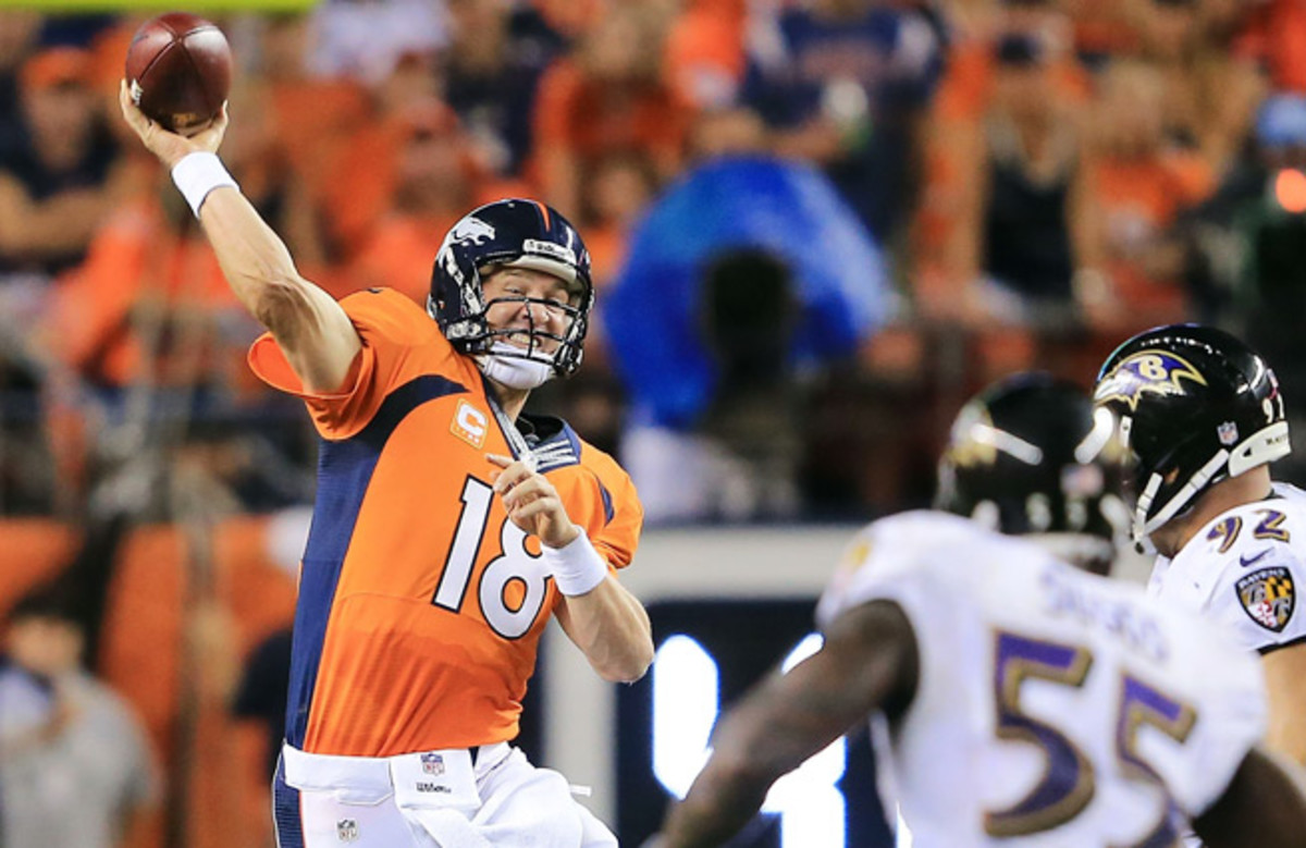 Peyton Manning tied an NFL record Thursday, throwing for seven touchdown passes against the Ravens.