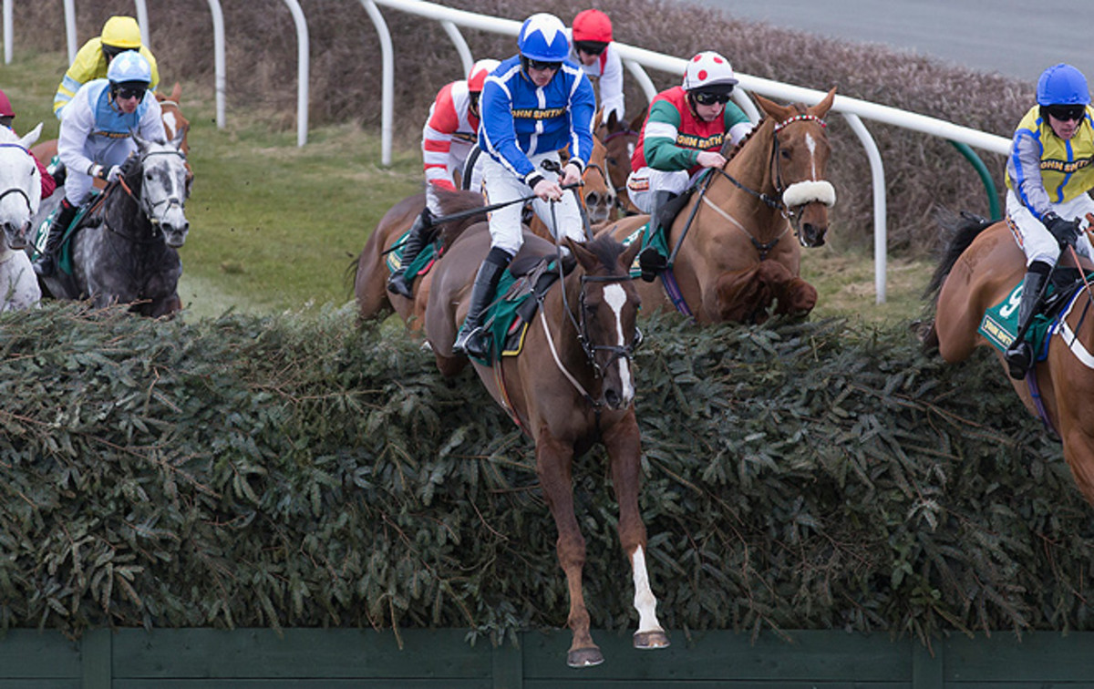 Little Josh (center), ridden by jockey Liam Treadwell, fell and fractured his shoulder during the Topham Steeplechase, forcing veterinarians to put him down.