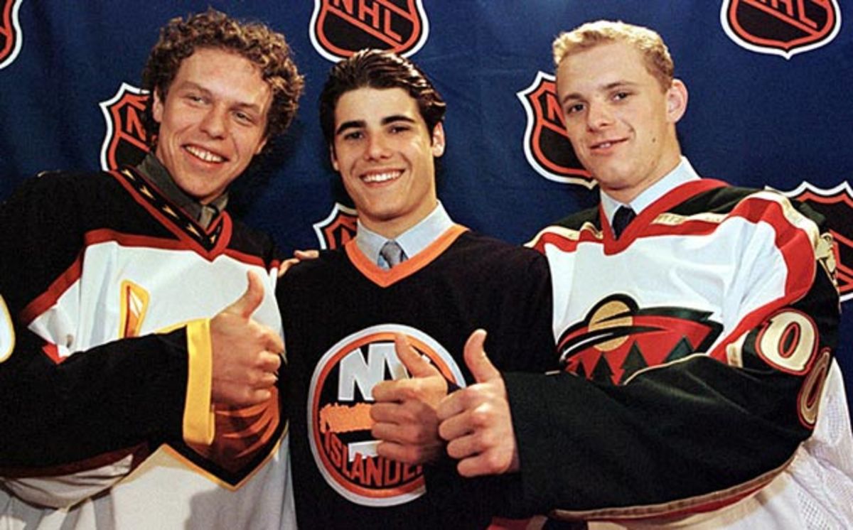 Rick DiPietro, the first goaltender ever taken No. 1 overall, with Dany Heatley (2) and Marian Gaborik (3) on NHL Draft Day 2000. (Jeff McIntosh/AP)