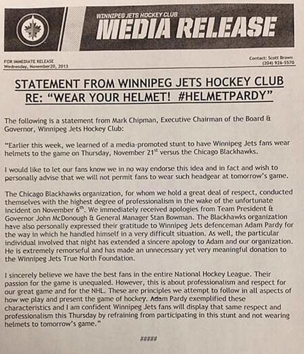 Winnipeg Jets press release announcing cancellation of Helmet Pardy.
