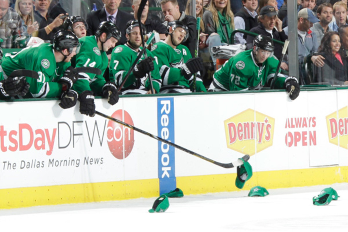 Tyler Seguin made the most of the Dallas Stars' free hat giveaway, scoring three consecutive goals in the second period. (Glenn James/NHLI via Getty Images)