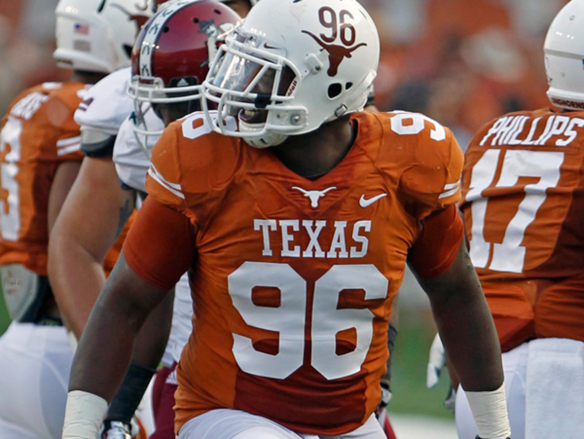 Chris Whaley (96) was hurt early in Texas' game against West Virginia. (Michael Thomas/AP)