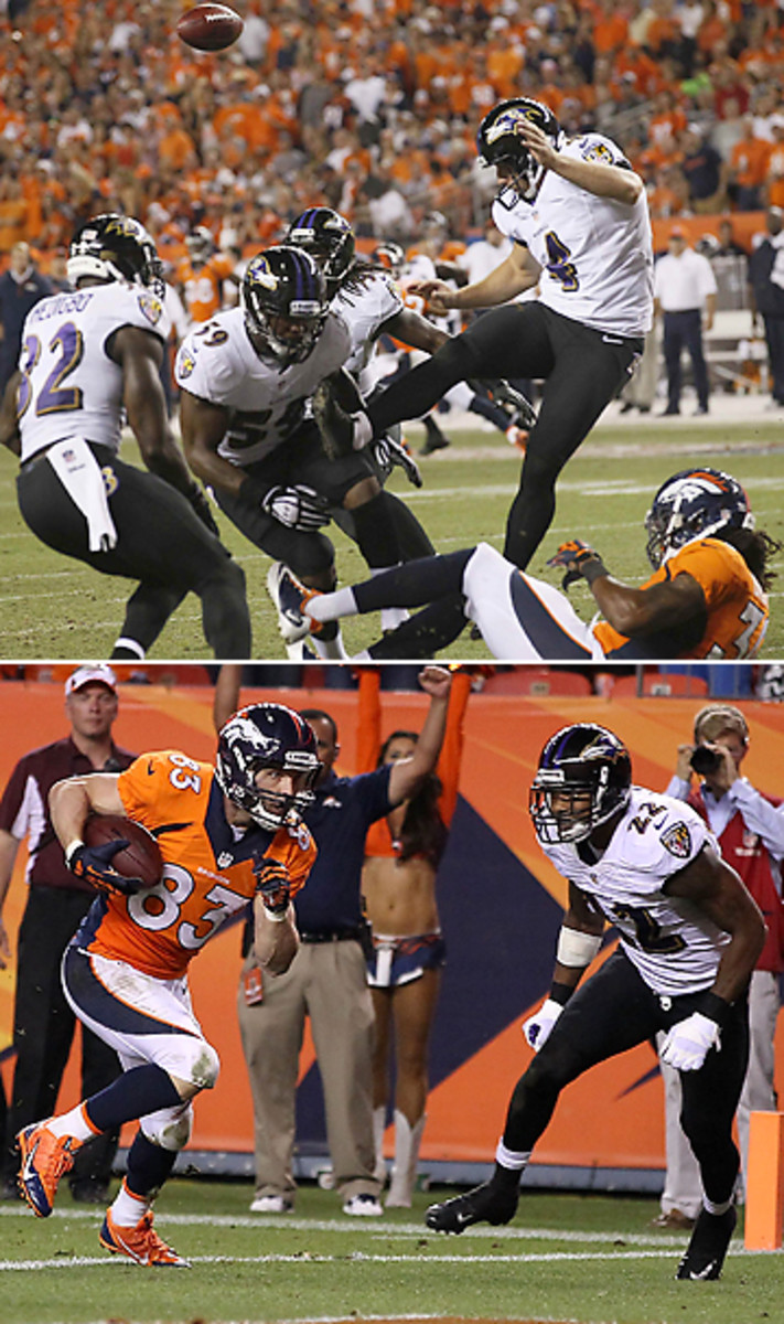 David Bruton's punt block (top) and Wes Welker's third-quarter touchdown helped swing momentum permanently in the Broncos' favor Thursday night.