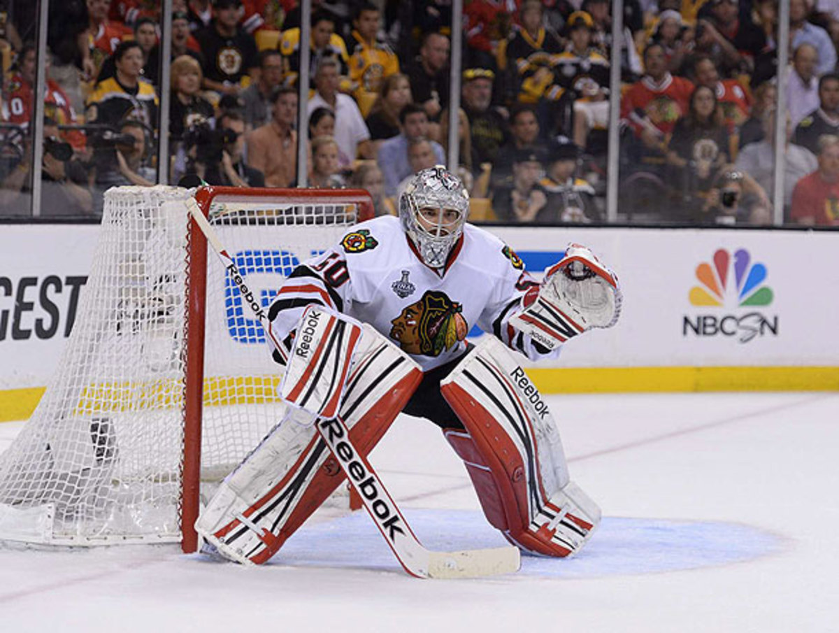 Chicago's Corey Crawford earned top marks for standing tall against the Bruins in the Cup-clinching Game 6 win.