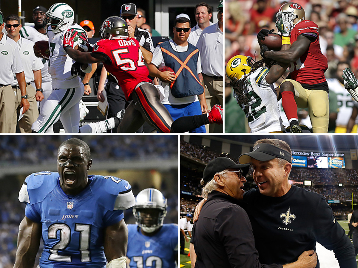 Lavonte David's late hit on Geno Smith ruined what would have been a Bucs win (top left). Meanwhile, Anquan Boldin (top right) and Reggie Bush (bottom left) enjoyed huge first days on their new teams, and Sean Payton was victorious in his return to New Orleans.