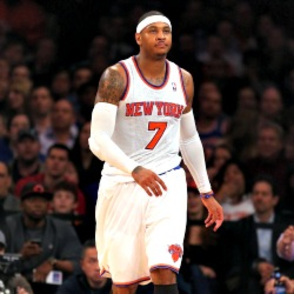 Carmelo Anthony's All-Star Game appearance is in jeopardy after he hurt his biceps muscle. Elsa/Getty Images)