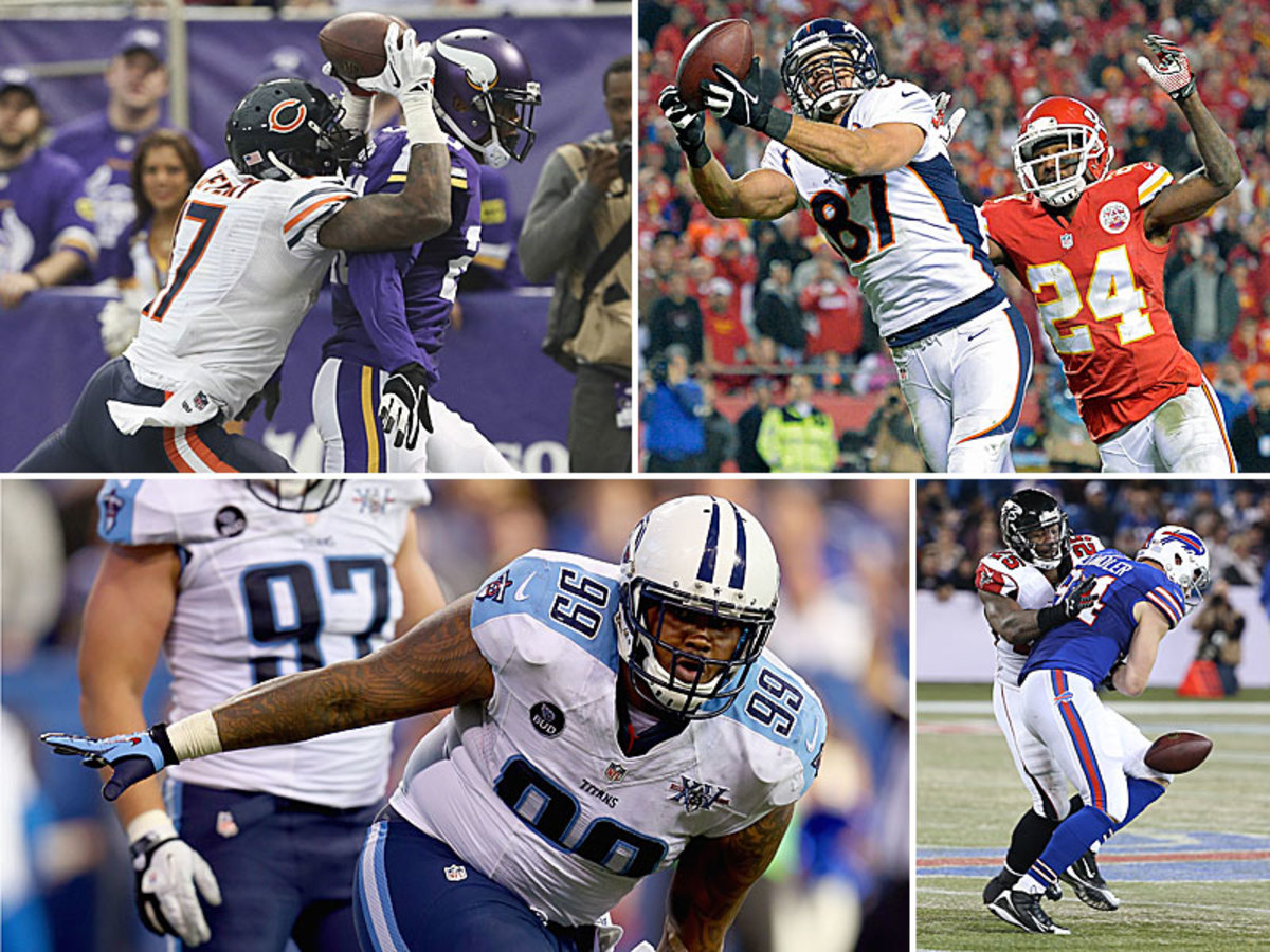 Alshon Jeffery (top left) and Eric Decker (top right) had monster receiving days Sunday. Jurrell Casey (bottom left) was more quietly dominant, while Scott Chandler's overtime fumble lost the game for the Bills. (Nuccio DiNuzzo/Chicago Tribune/MCT :: John Sleezer/Kansas City Star/MCT :: Andy Lyons/Getty Images :: Tom Szczerbowski/Getty Images)