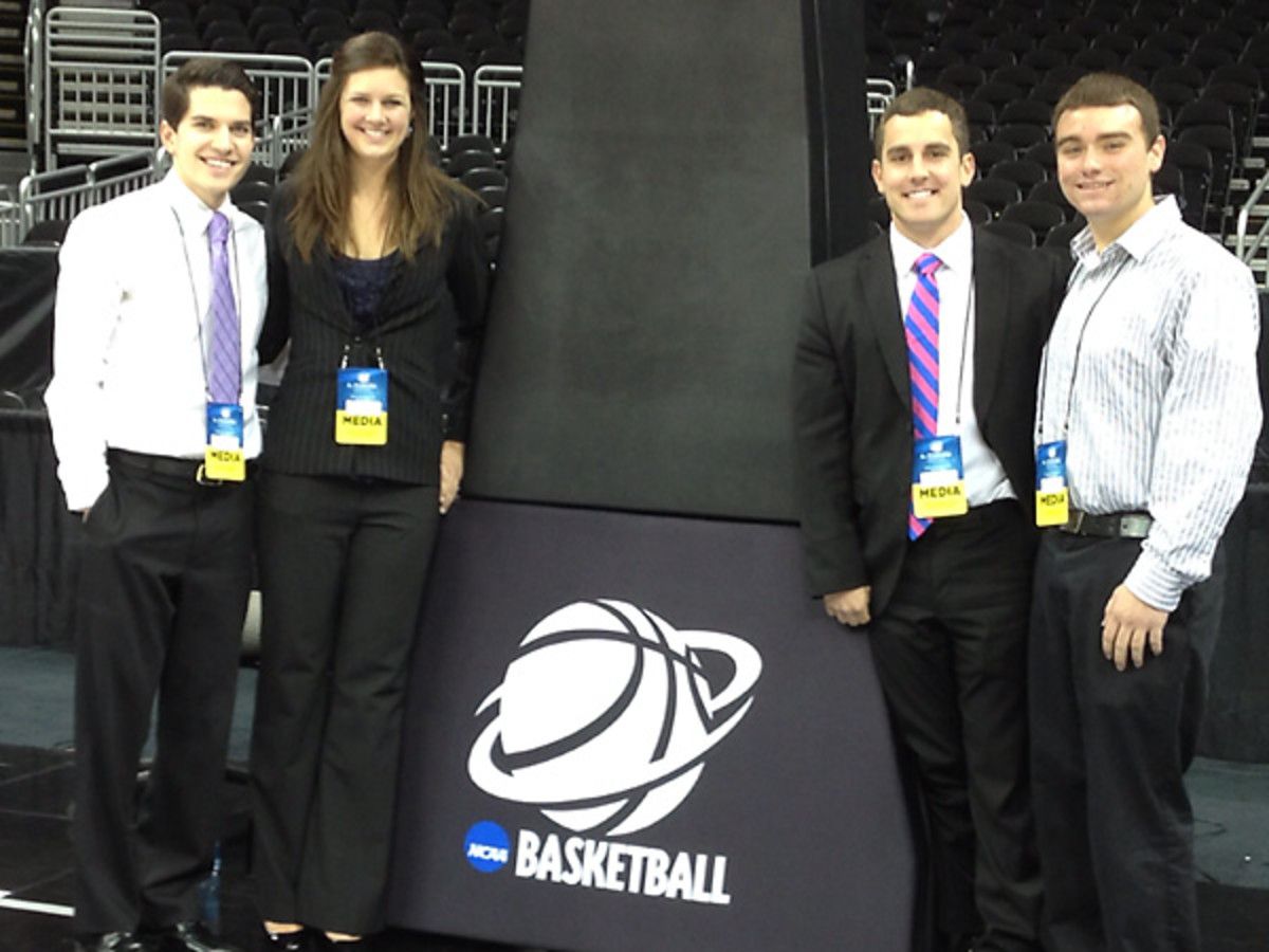 La Salle student journalists David Grzybowski, Rachel Finkbeiner, Mike McCoy and Andrew Albert at the Sprint Center in Kansas City. [Mike McCoy]