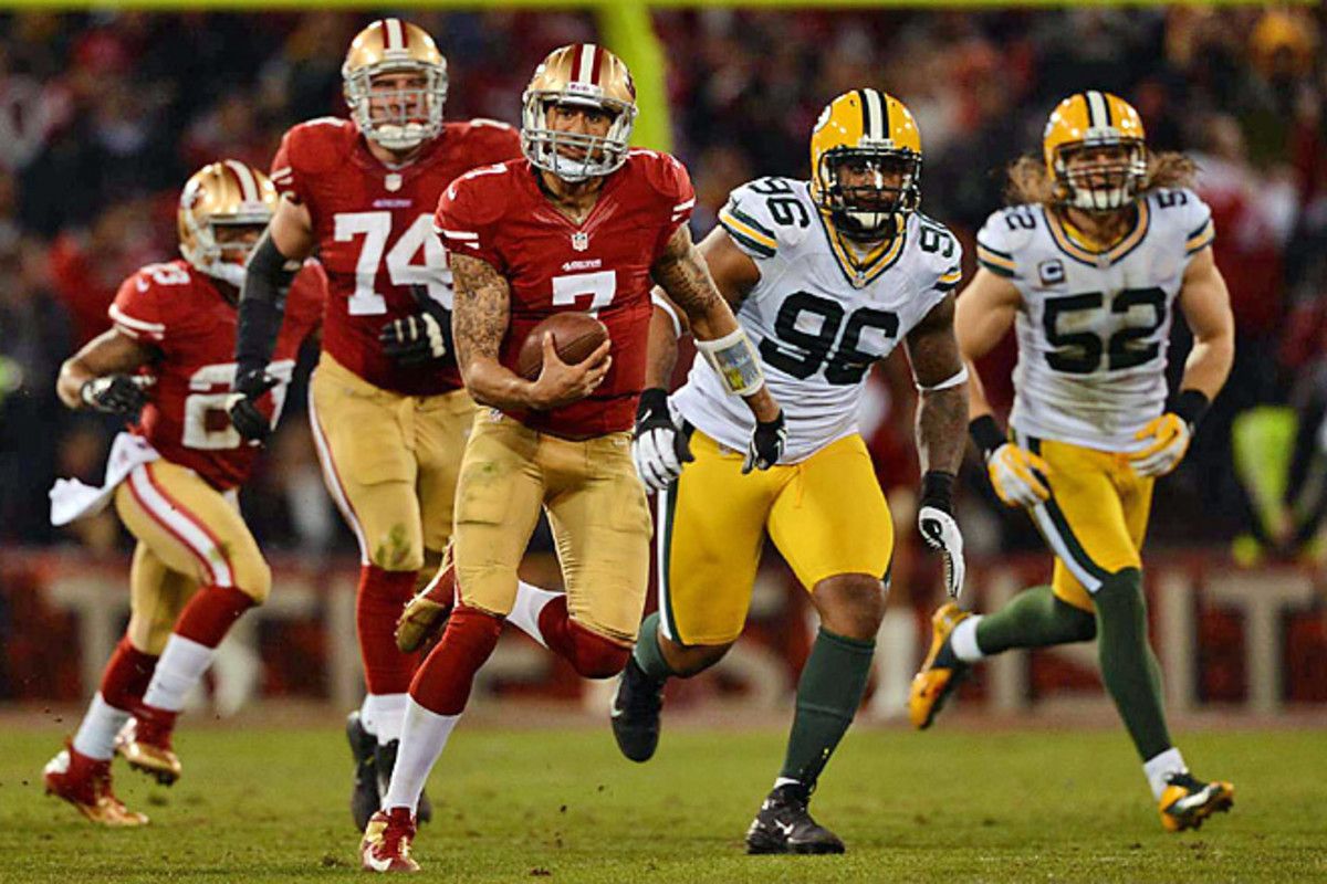 QB Colin Kaepernick rushed for a position playoff mark 181 yards in the 49ers' 45-31 win over the Pack.