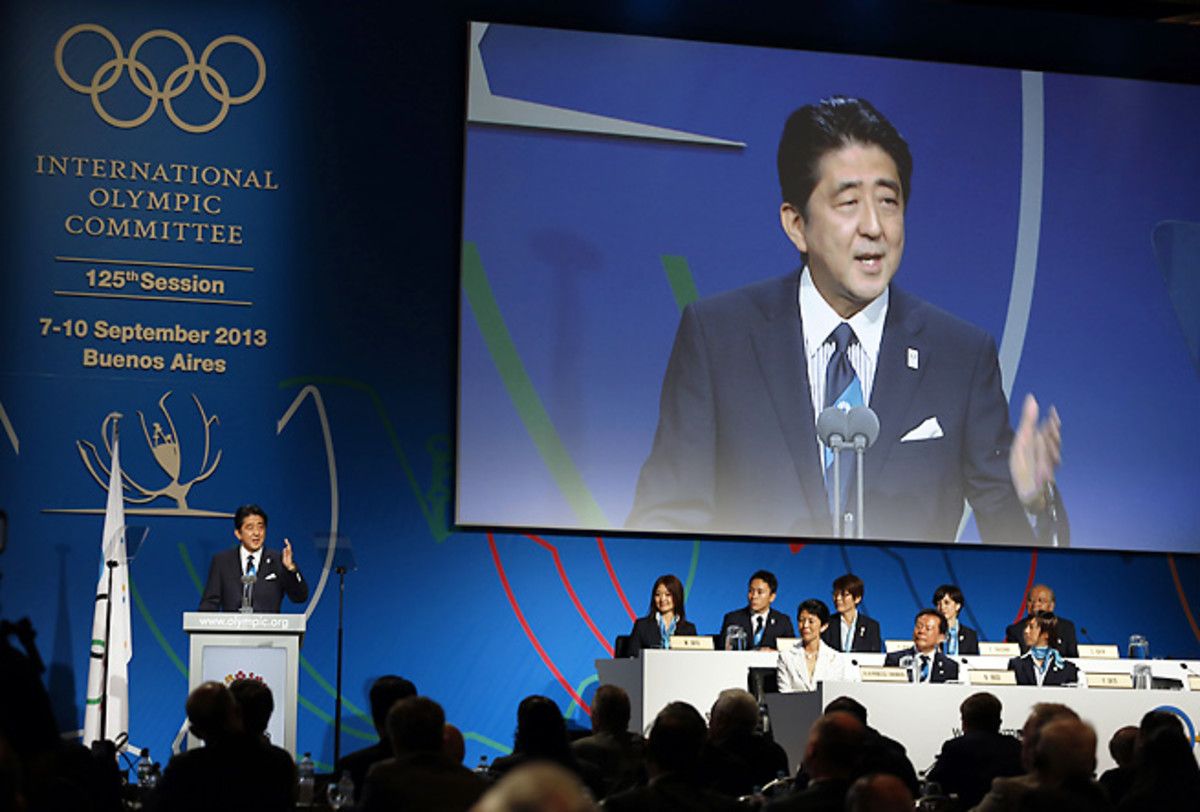 Japan prime minister Shinzo Abe addresses the IOC during presentations for 2020 Olympic bids.