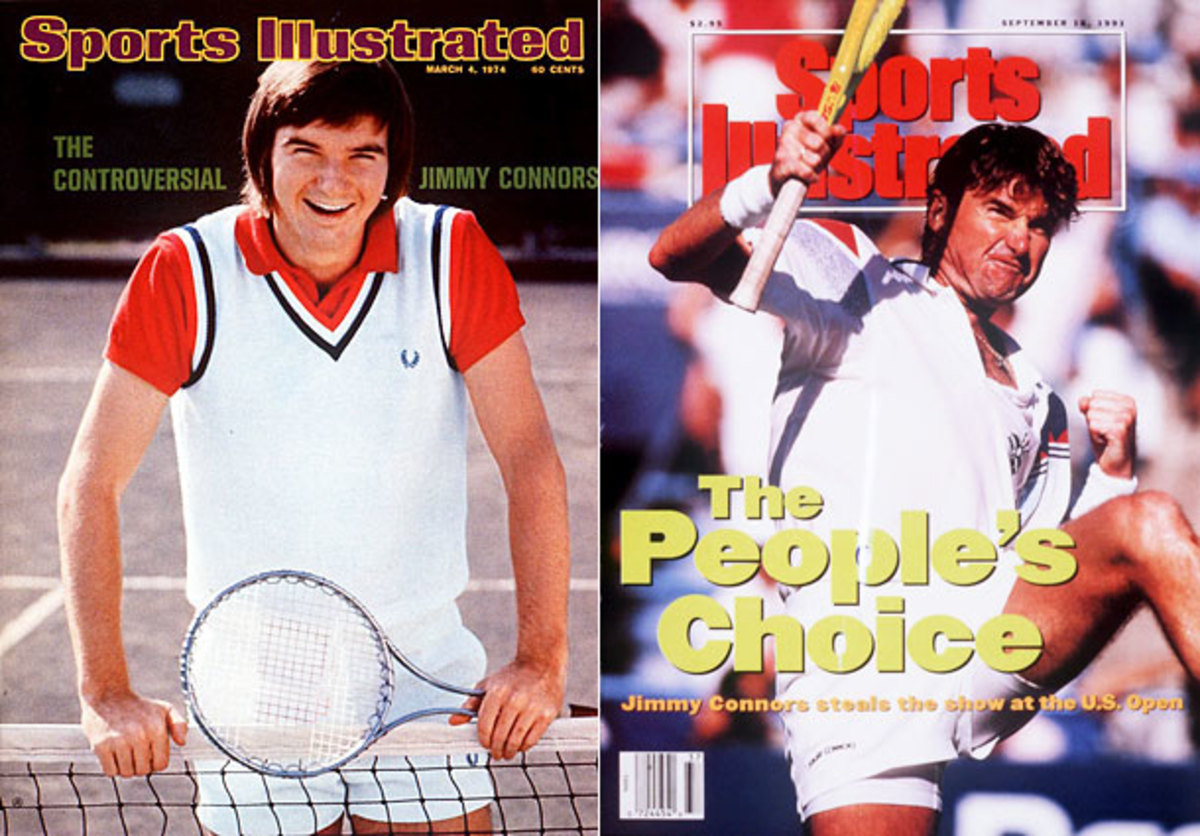 Jimmy Connors appeared on his first SI cover in 1974 and his most recent in 1991. (Tony Triolo/SI; Caryn Levy/SI)