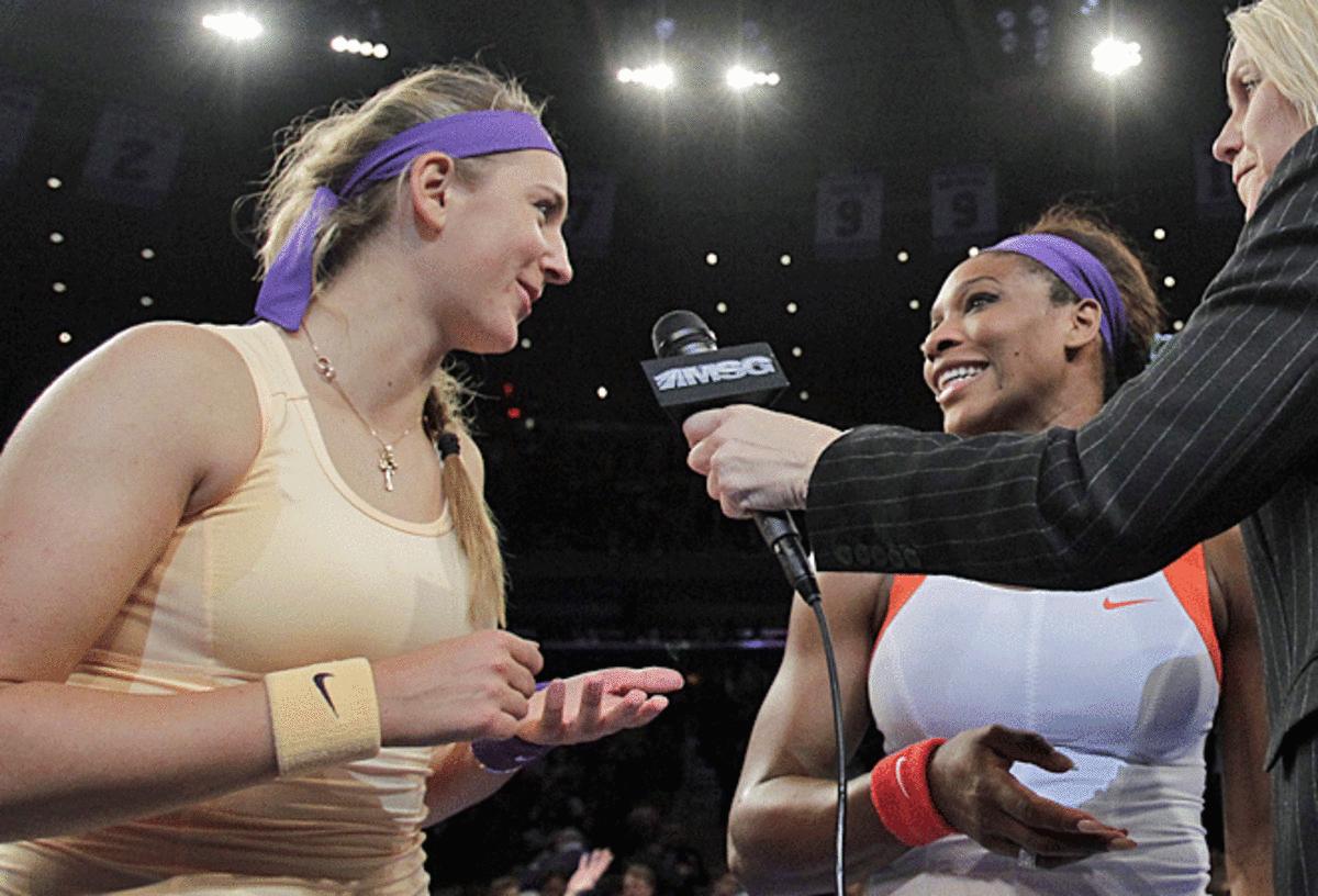 Victoria Azarenka (left) fell 6-4, 6-3 to Serena Williams in Monday's exhibition at MSG.