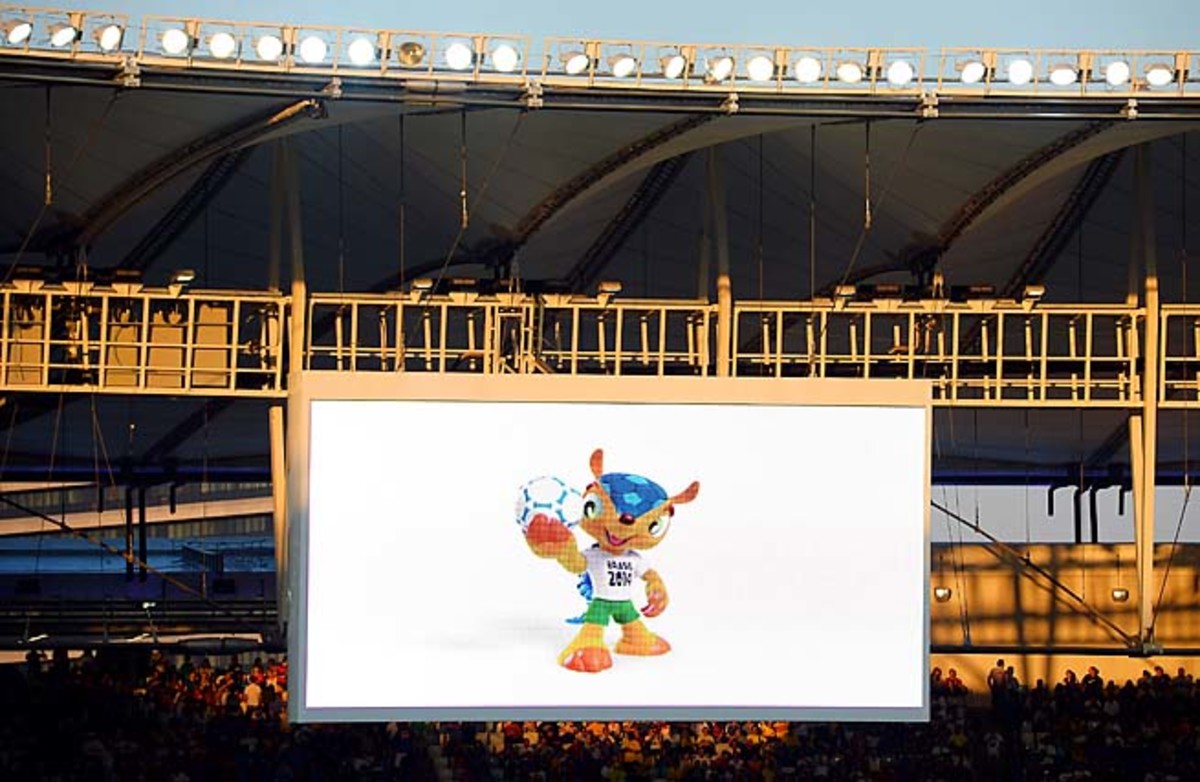 The Brazil 2014 World Cup mascot Fuleco is seen on the big screen during the Confederations Cup.