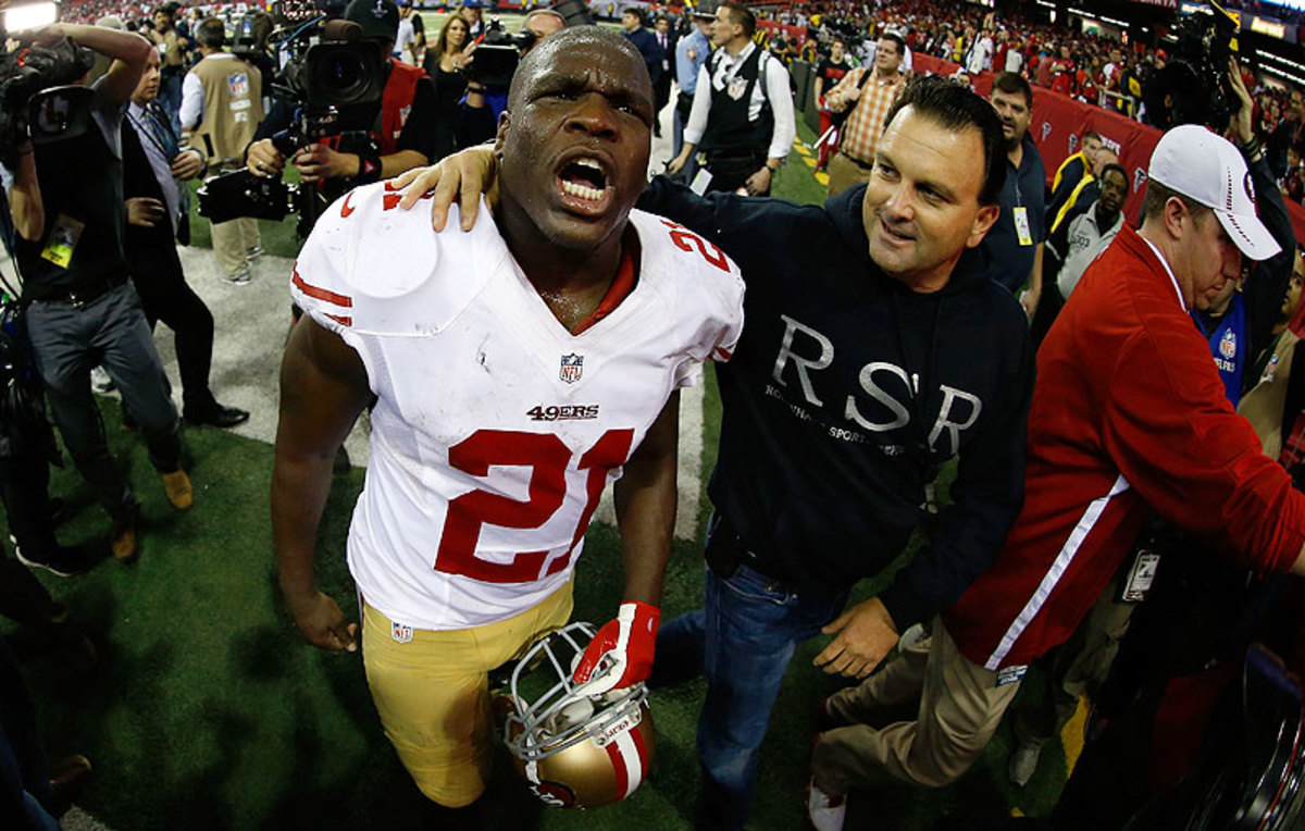 Drew Rosenhaus might be the most recognizable agent, and that's no accident. As this image of 49ers RB Frank Gore after the 2012 NFC Championship Game shows, Rosenhaus is always near the action. (Chris Graythen/Getty Images)