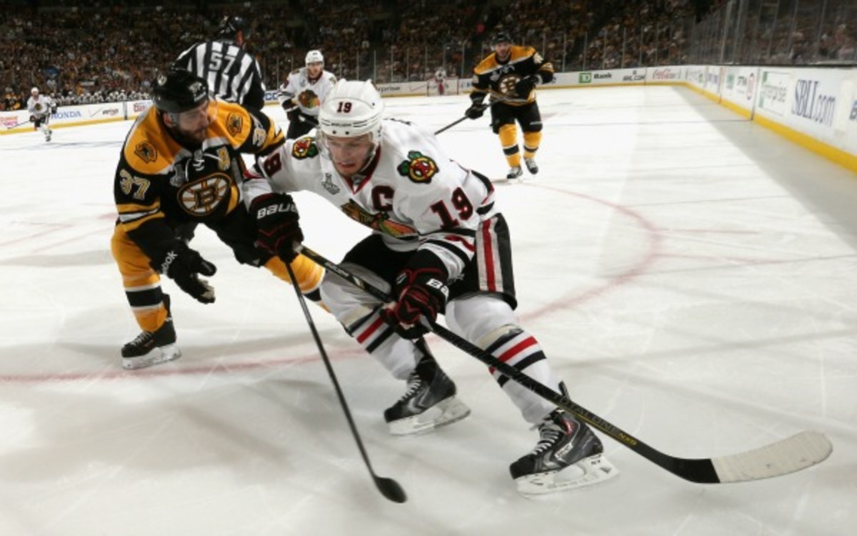 Bruins center Patrice Bergeron left Game 5 to go to a Chicago hospital. (Dave Sandford/Getty Images)