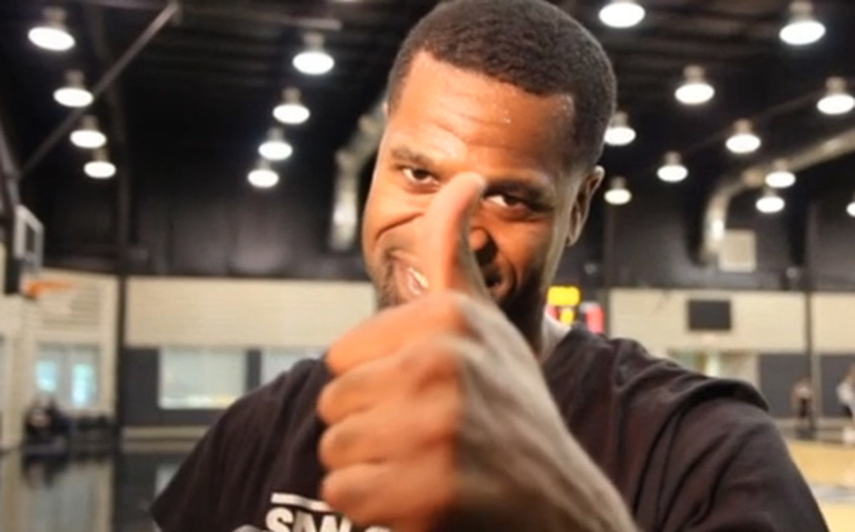Stephen Jackson gives a "thumbs up" to his inclusion on a "Most Overpaid" list. (Spurs.com)