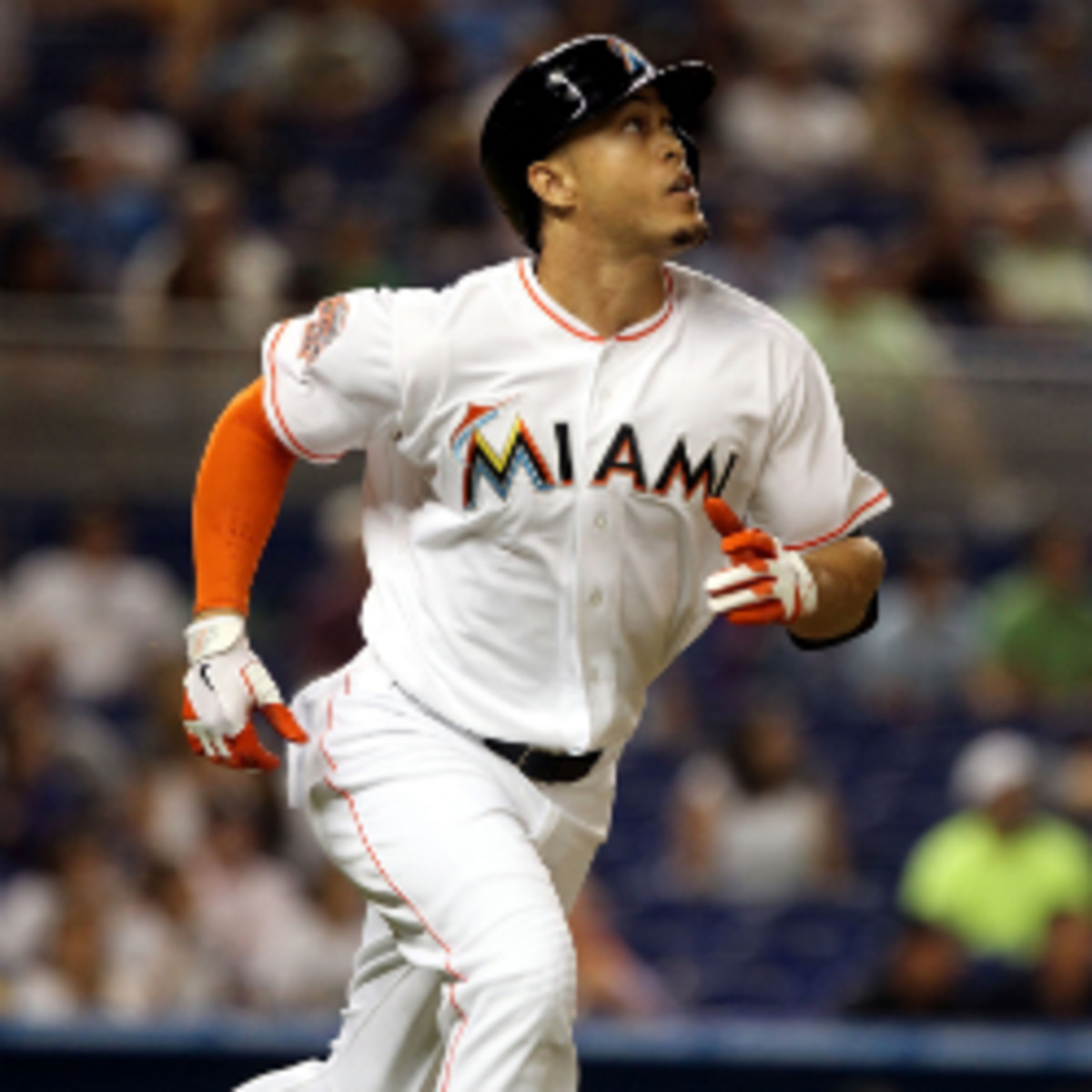 Marlins owner Jeffrey Loria said the team will not discuss a contract extension with slugger Giancarlo Stanton this season. (Marc Serota/Getty Images)
