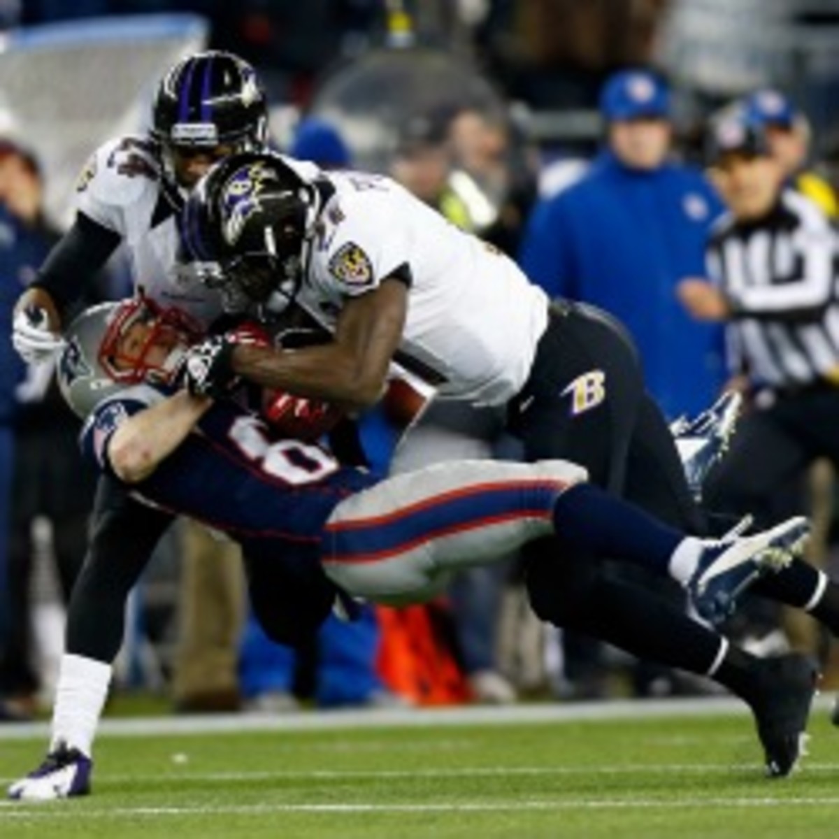 Ravens safety Bernard Pollard was fined for a hit on Wes Welker during Sunday's AFC Championship Game. (Jared Wickerham/Getty Images)